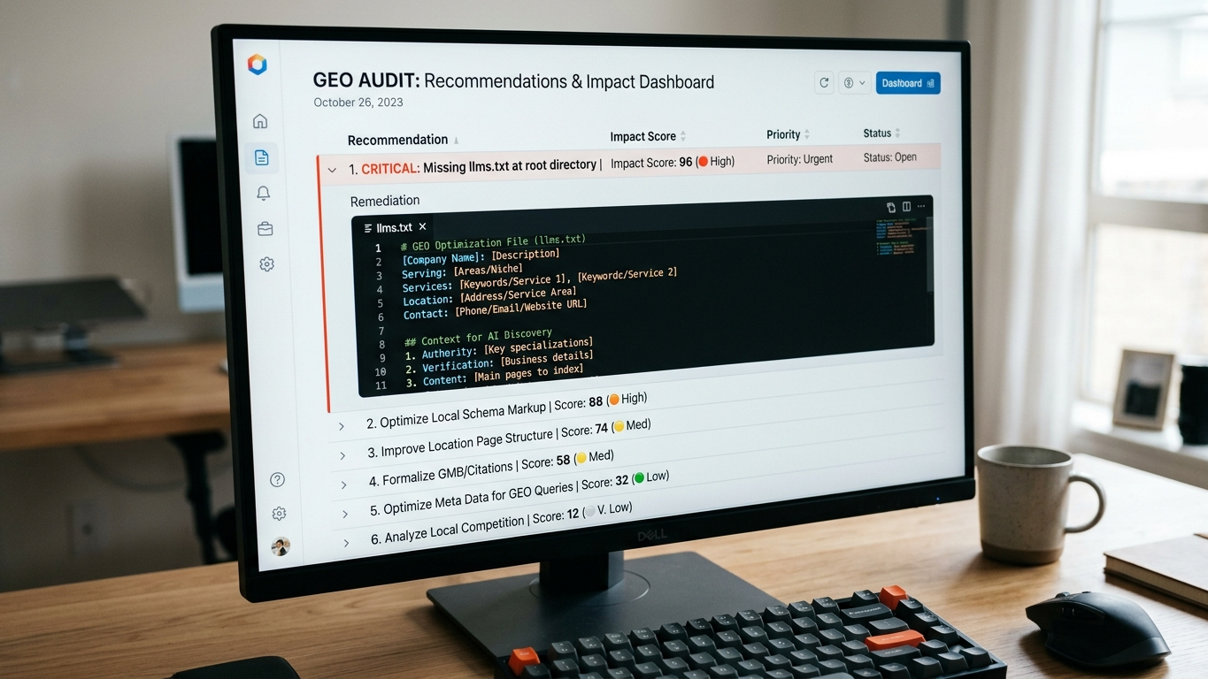 Prioritizing optimizations with code snippets and impact scores from your GEO audit